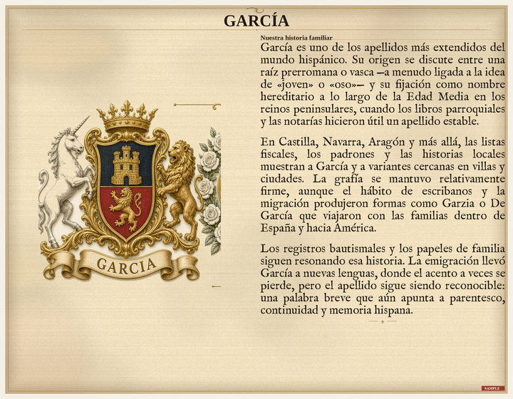 Muestra del PDF Estándar de Herald Lab — historia conmemorativa del apellido, no un derecho familiar oficial